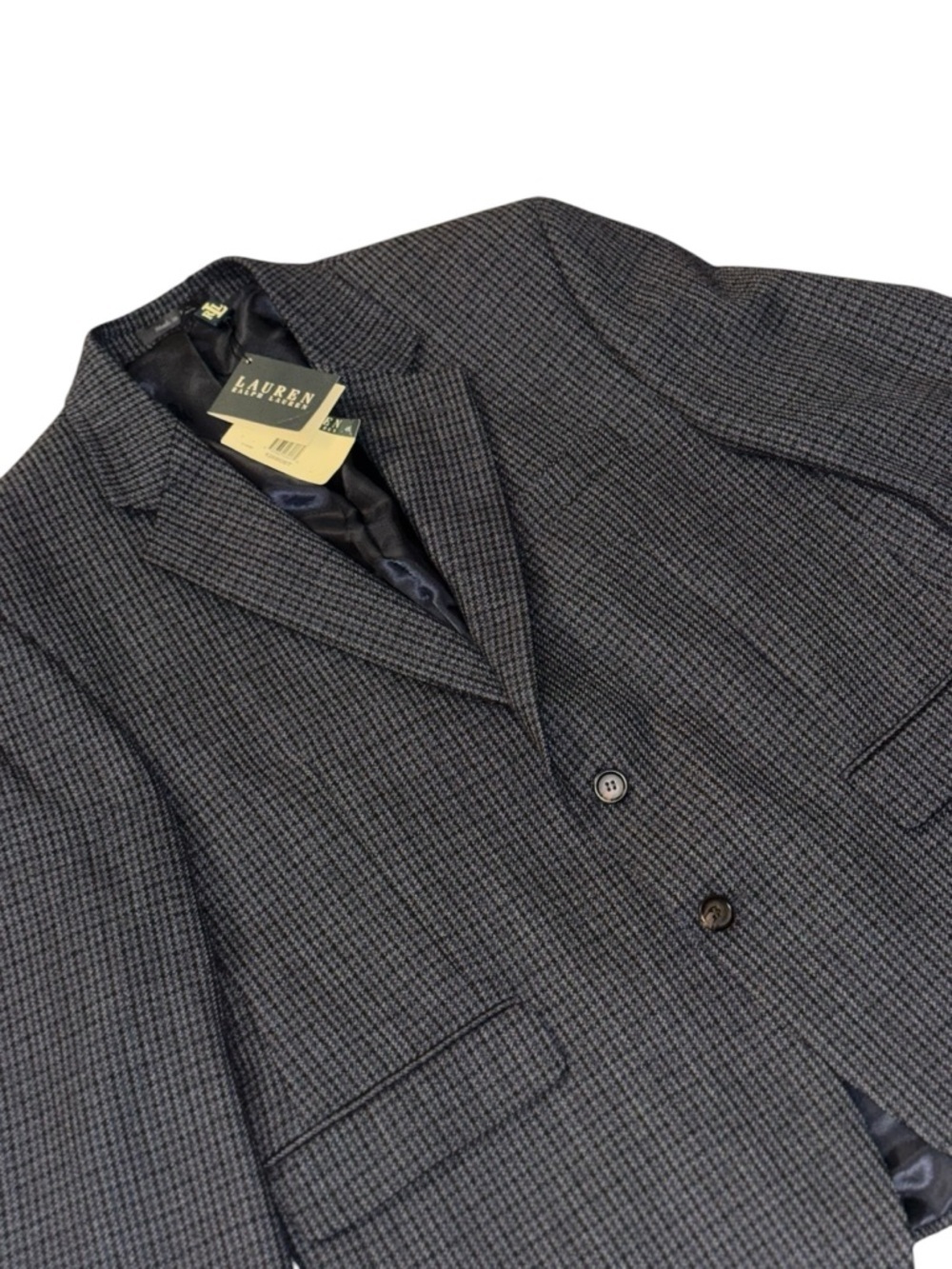 NWT LAUREN RALPH LAUREN navy Houndstooth 2 button lambs wool Blazer coat sz 42s - Picture 3 of 11